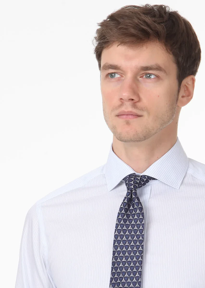 Mavi Çizgili Regular Fit Dokuma Klasik %100 Pamuk Gömlek - 2