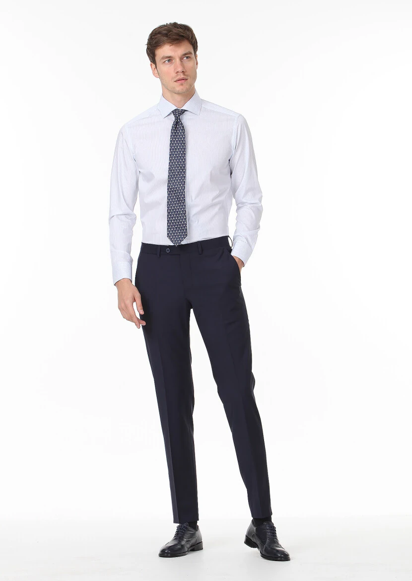 Mavi Çizgili Regular Fit Dokuma Klasik %100 Pamuk Gömlek - 3