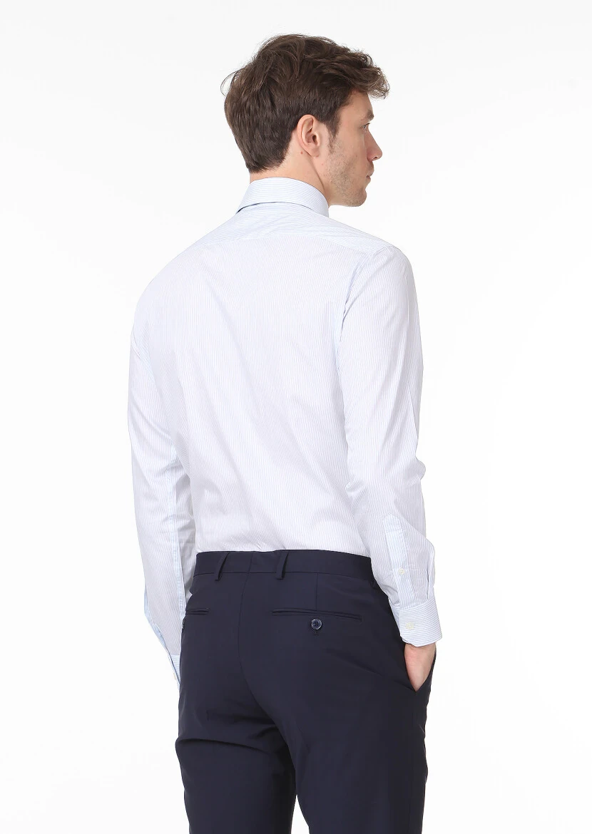 Mavi Çizgili Regular Fit Dokuma Klasik %100 Pamuk Gömlek - 4