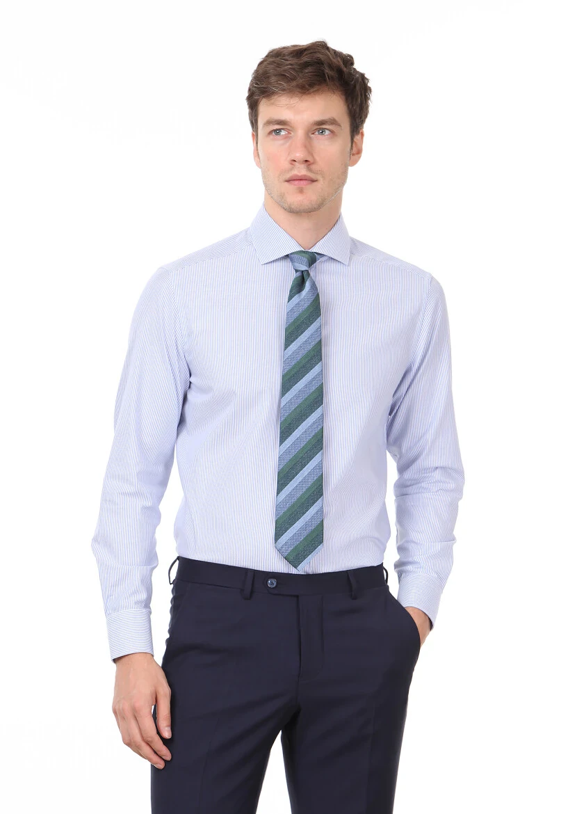 Mavi Çizgili Regular Fit Dokuma Klasik %100 Pamuk Gömlek - 1