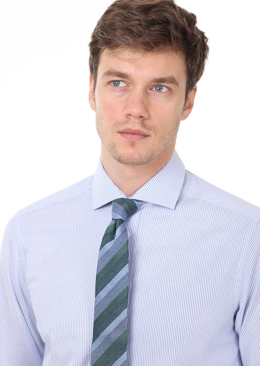 Mavi Çizgili Regular Fit Dokuma Klasik %100 Pamuk Gömlek - 2