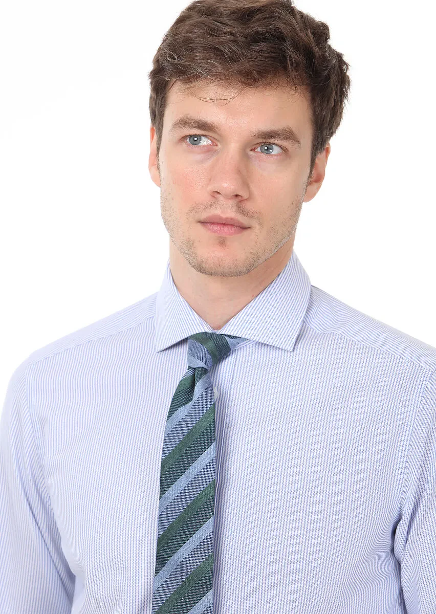 Mavi Çizgili Regular Fit Dokuma Klasik %100 Pamuk Gömlek - 2