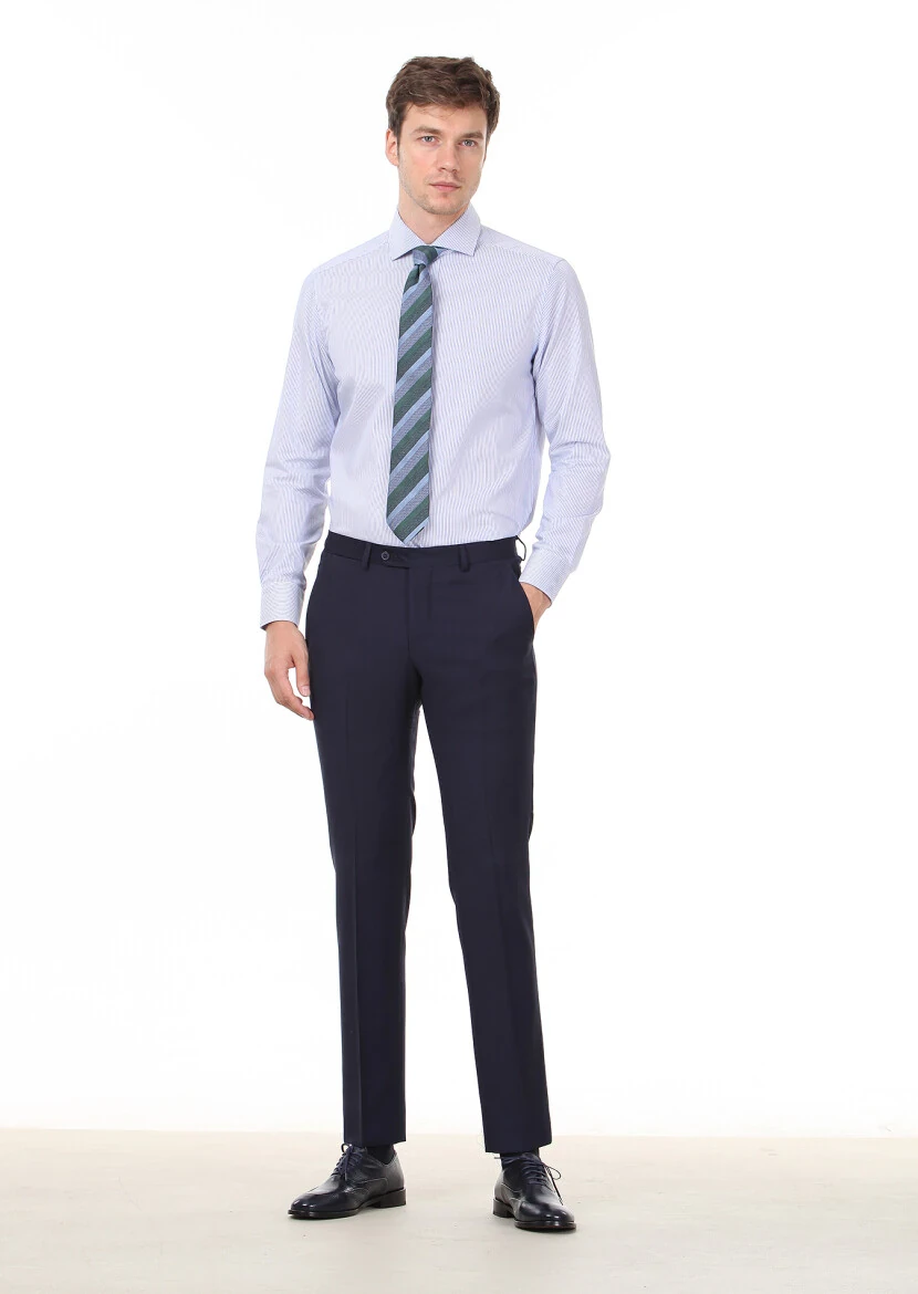 Mavi Çizgili Regular Fit Dokuma Klasik %100 Pamuk Gömlek - 3