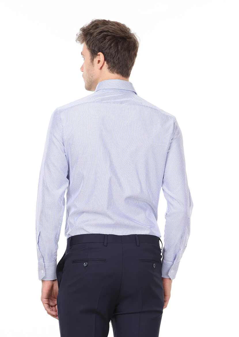 Mavi Çizgili Regular Fit Dokuma Klasik %100 Pamuk Gömlek - 4