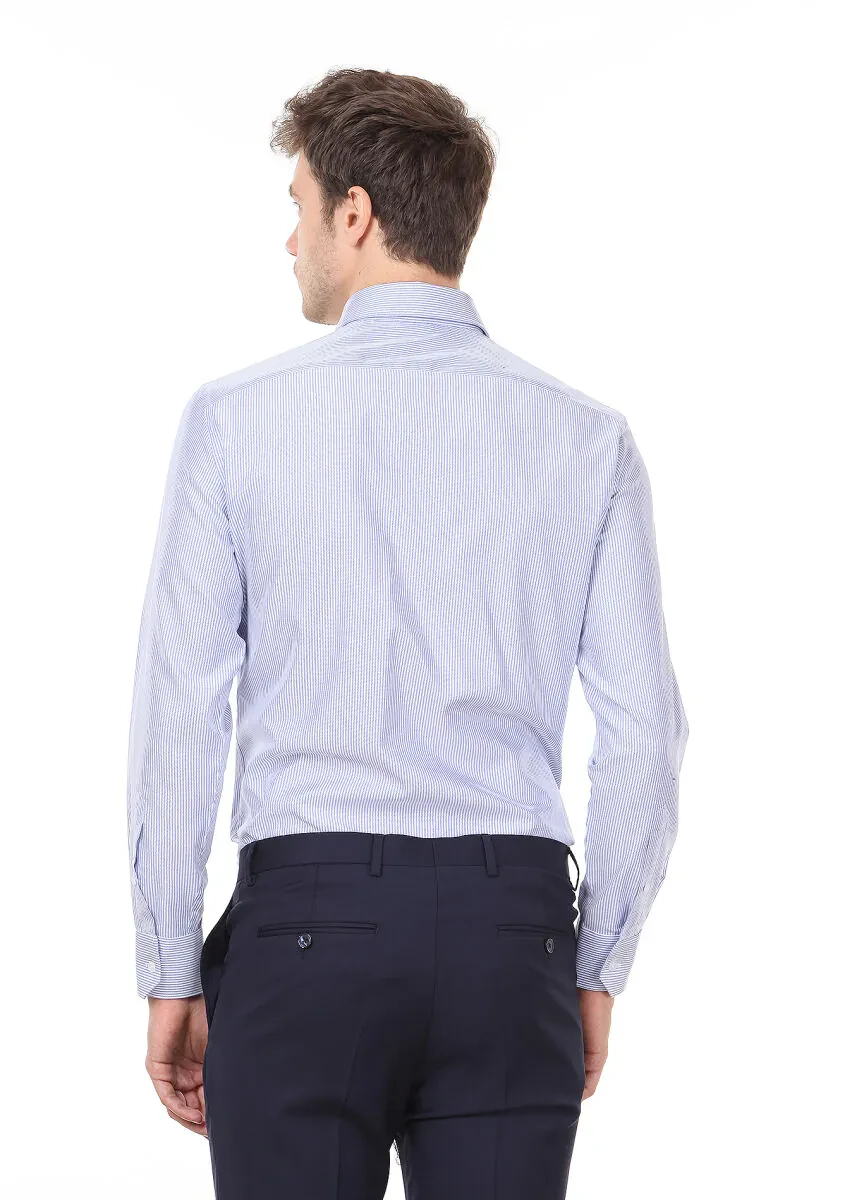 Mavi Çizgili Regular Fit Dokuma Klasik %100 Pamuk Gömlek - 4
