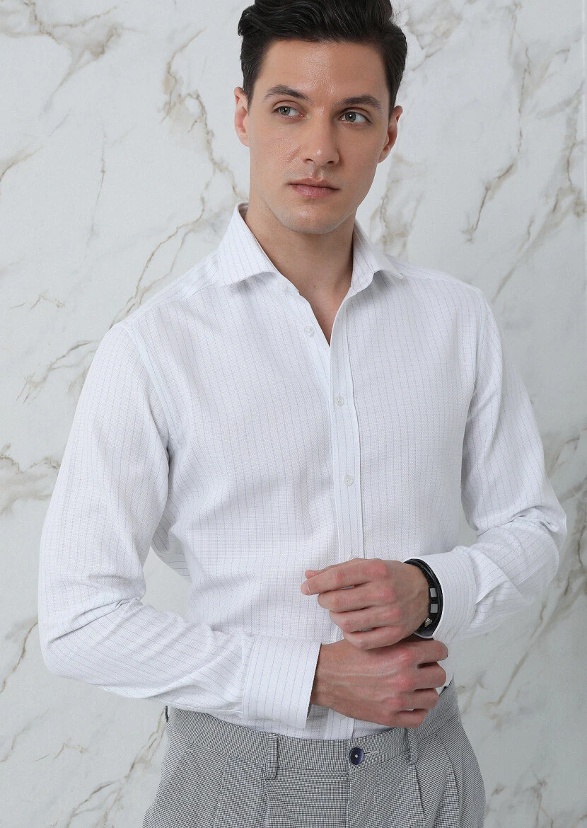 Mavi Çizgili Regular Fit Dokuma Klasik %100 Pamuk Gömlek - 1