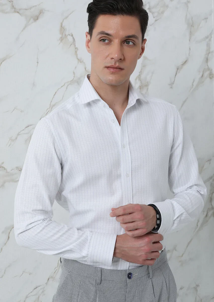 Mavi Çizgili Regular Fit Dokuma Klasik %100 Pamuk Gömlek - 1