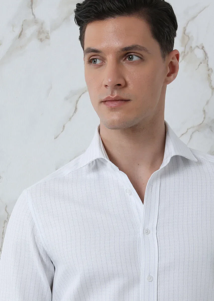 Mavi Çizgili Regular Fit Dokuma Klasik %100 Pamuk Gömlek - 3