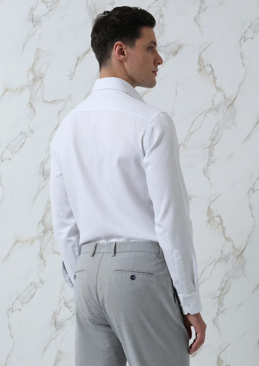 Mavi Çizgili Regular Fit Dokuma Klasik %100 Pamuk Gömlek - 5