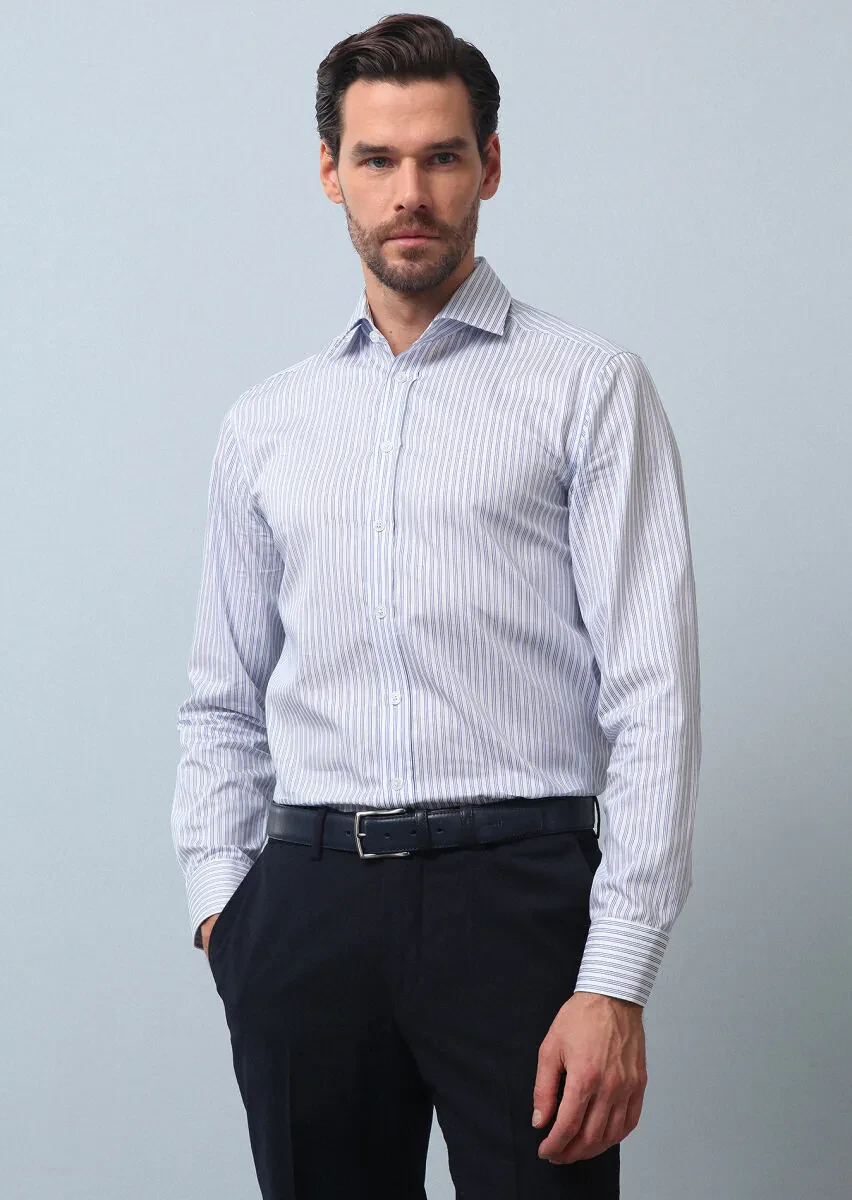 Mavi Çizgili Regular Fit Dokuma Klasik %100 Pamuk Gömlek - 1