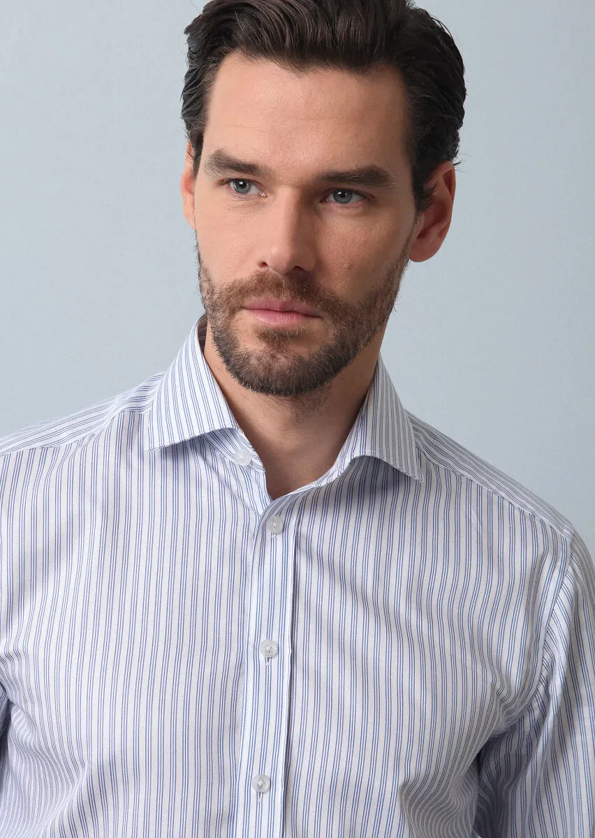Mavi Çizgili Regular Fit Dokuma Klasik %100 Pamuk Gömlek - 2