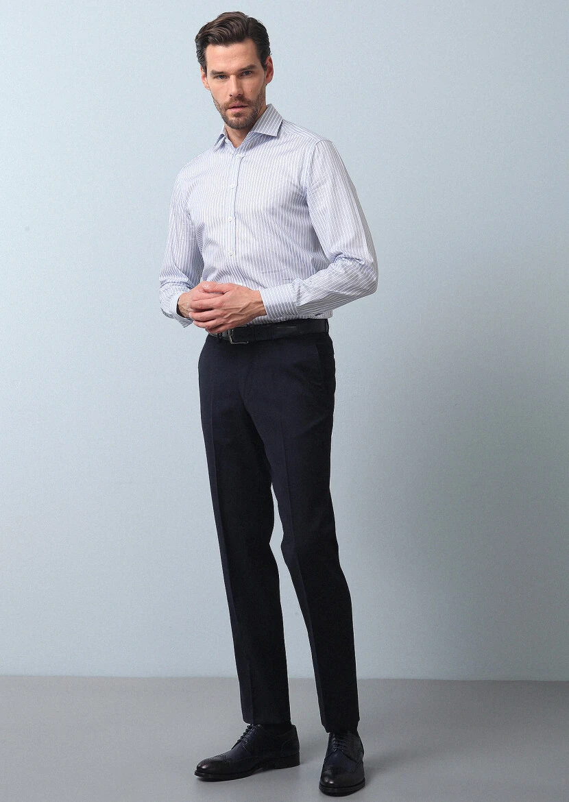 Mavi Çizgili Regular Fit Dokuma Klasik %100 Pamuk Gömlek - 3