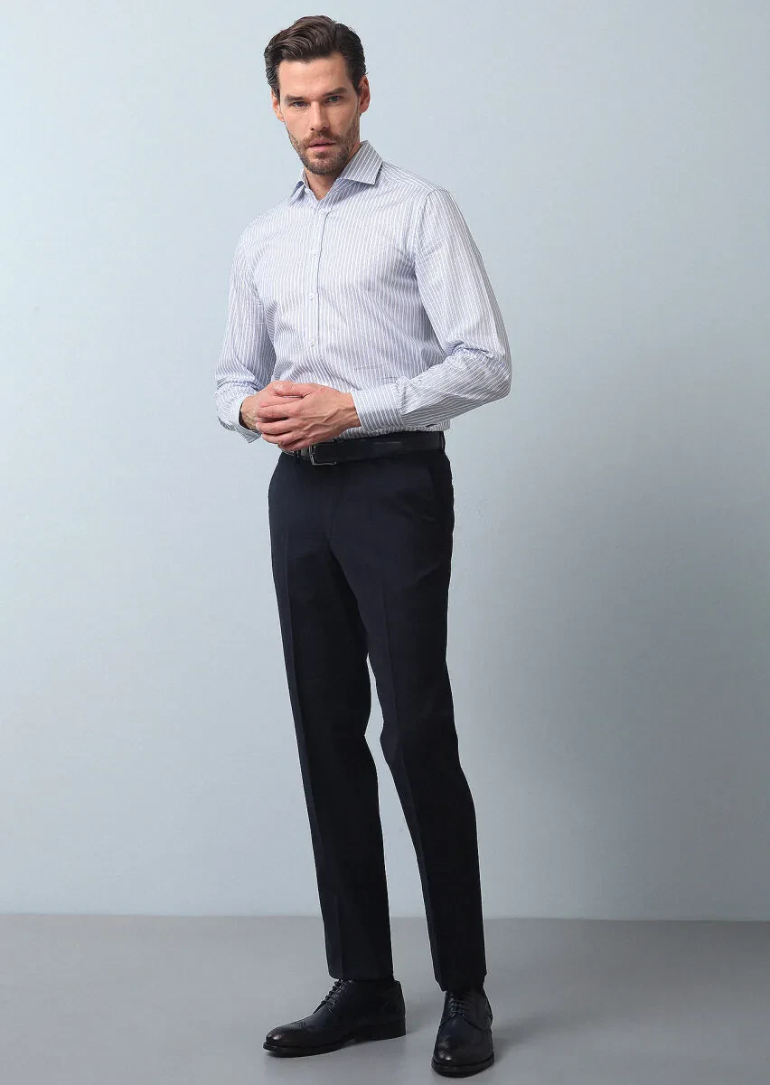 Mavi Çizgili Regular Fit Dokuma Klasik %100 Pamuk Gömlek - 3