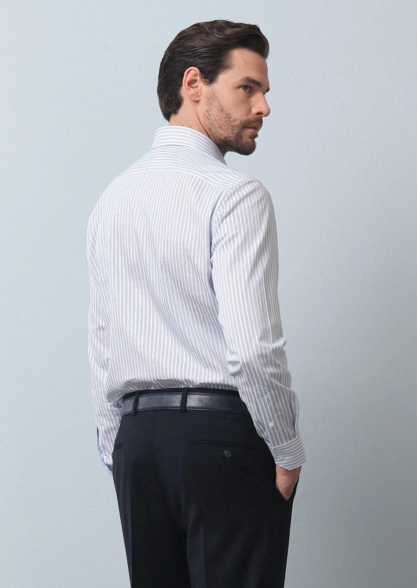 Mavi Çizgili Regular Fit Dokuma Klasik %100 Pamuk Gömlek - 5