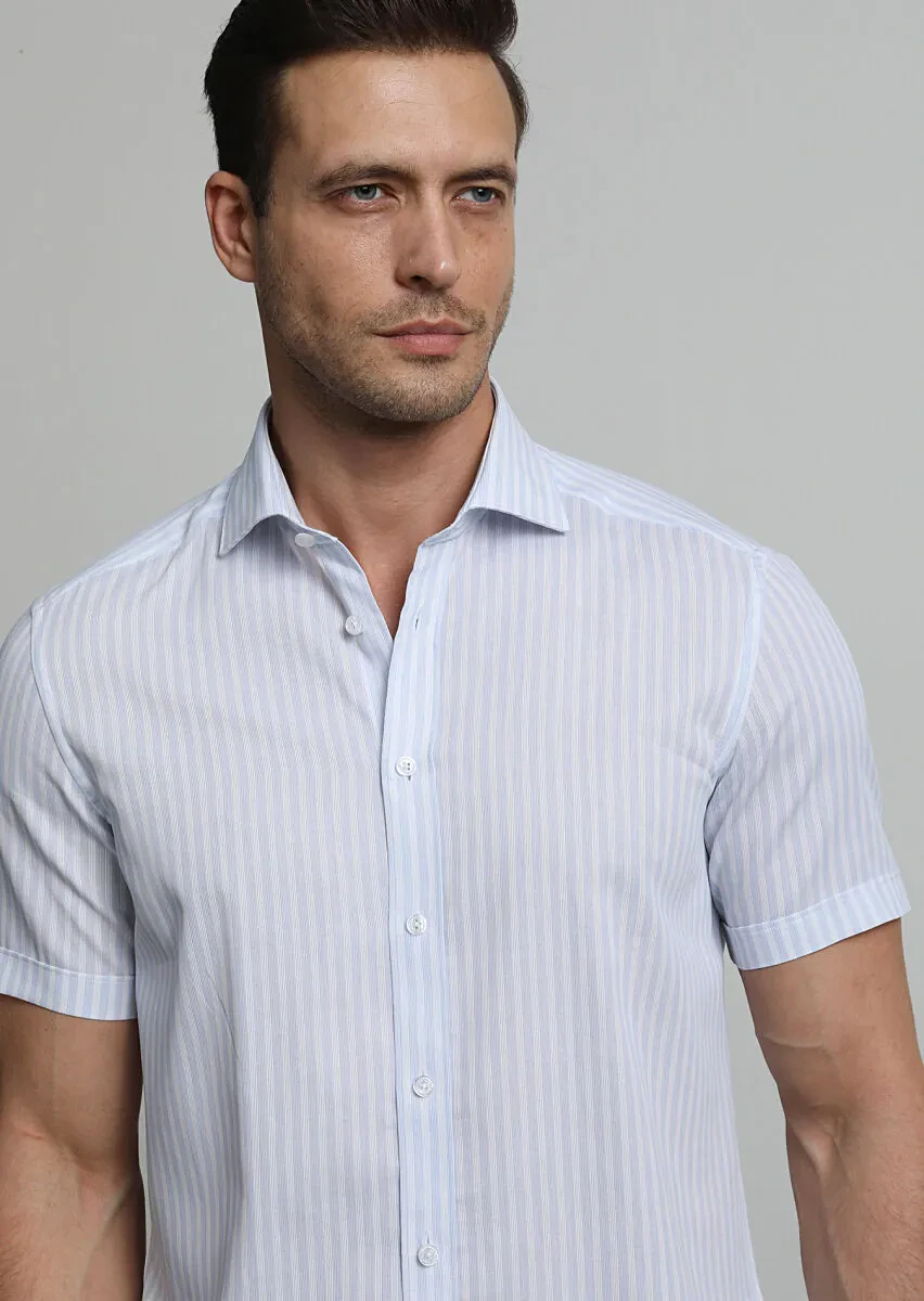 Mavi Çizgili Regular Fit Dokuma Klasik %100 Pamuk Gömlek - 2