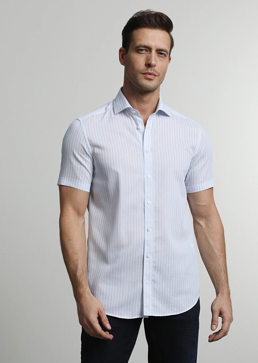 Mavi Çizgili Regular Fit Dokuma Klasik %100 Pamuk Gömlek - 3