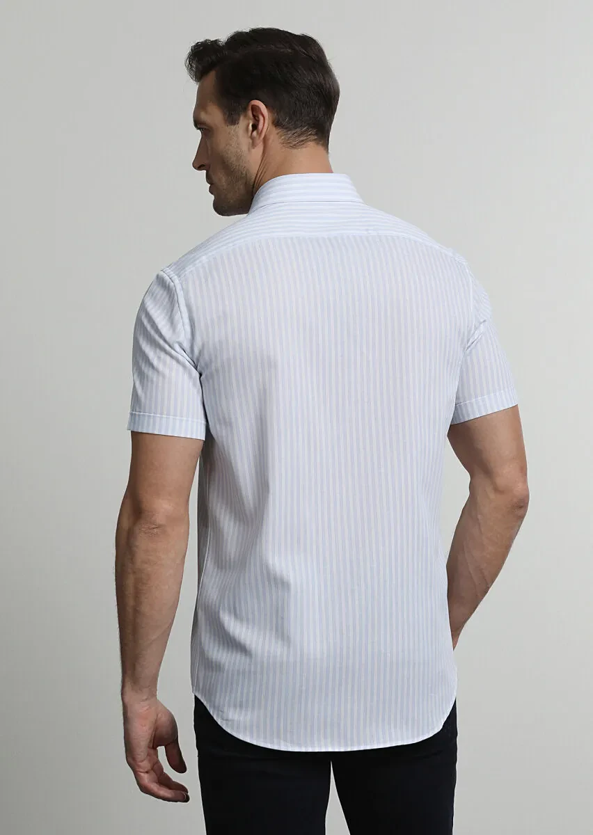 Mavi Çizgili Regular Fit Dokuma Klasik %100 Pamuk Gömlek - 4