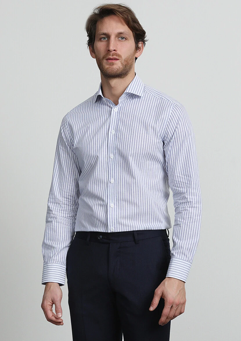 Mavi Çizgili Regular Fit Dokuma Klasik %100 Pamuk Gömlek - 3