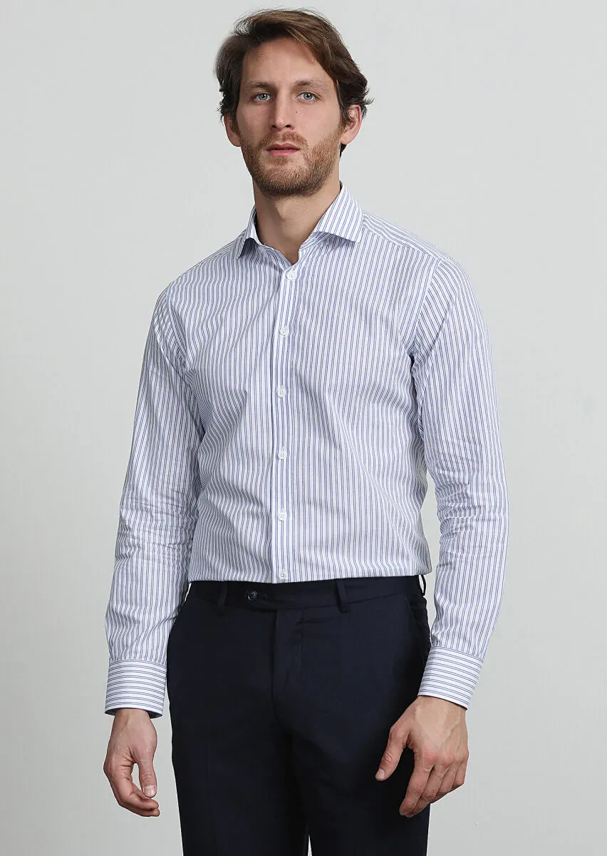 Mavi Çizgili Regular Fit Dokuma Klasik %100 Pamuk Gömlek - 3
