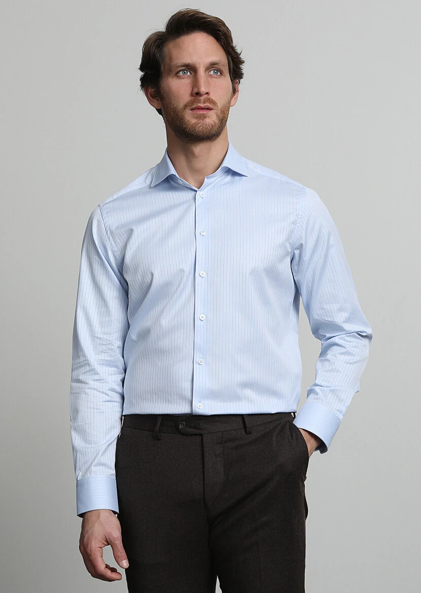 Mavi Çizgili Regular Fit Dokuma Klasik %100 Pamuk Gömlek - 3