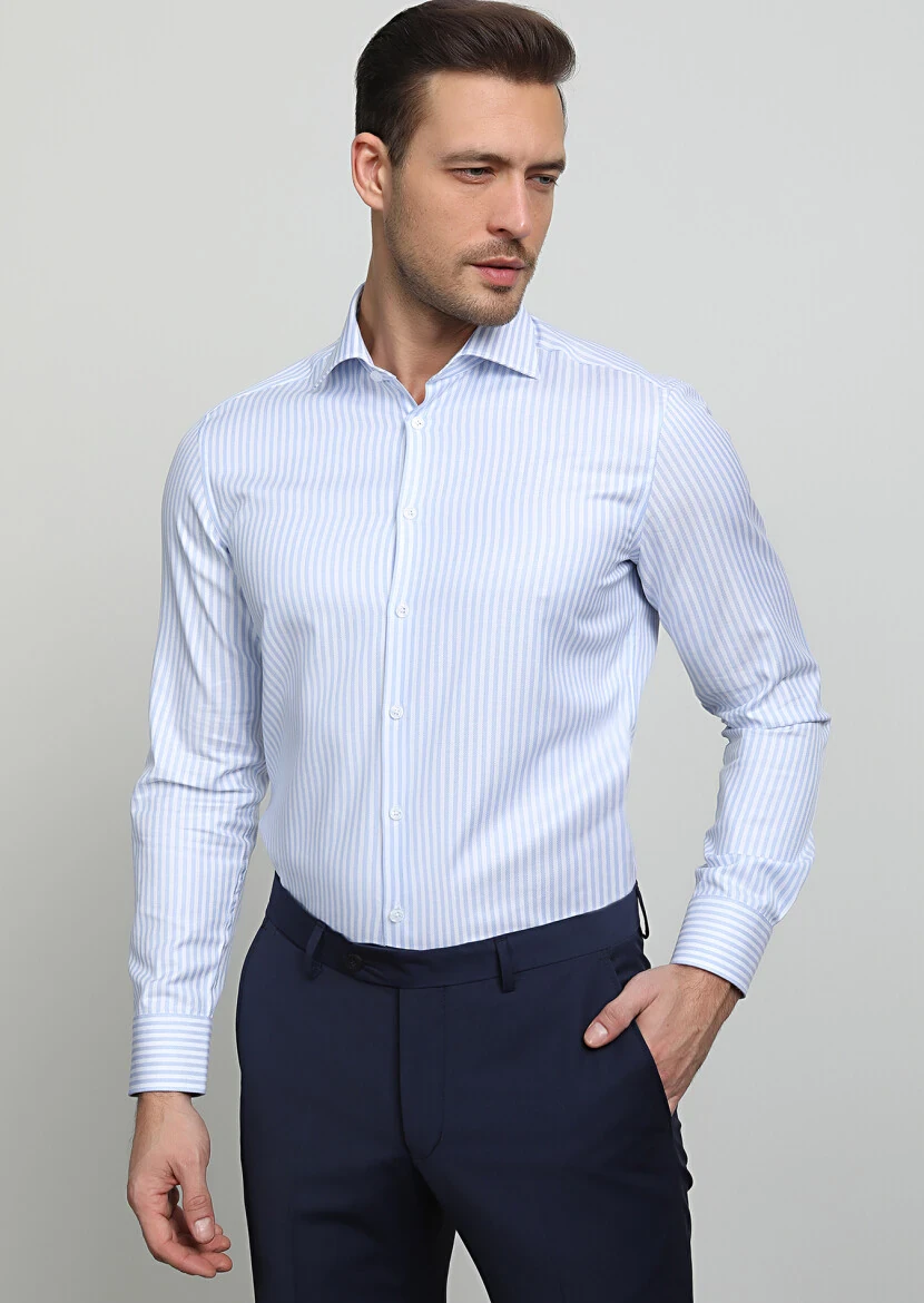 Mavi Çizgili Regular Fit Dokuma Klasik %100 Pamuk Gömlek - 1