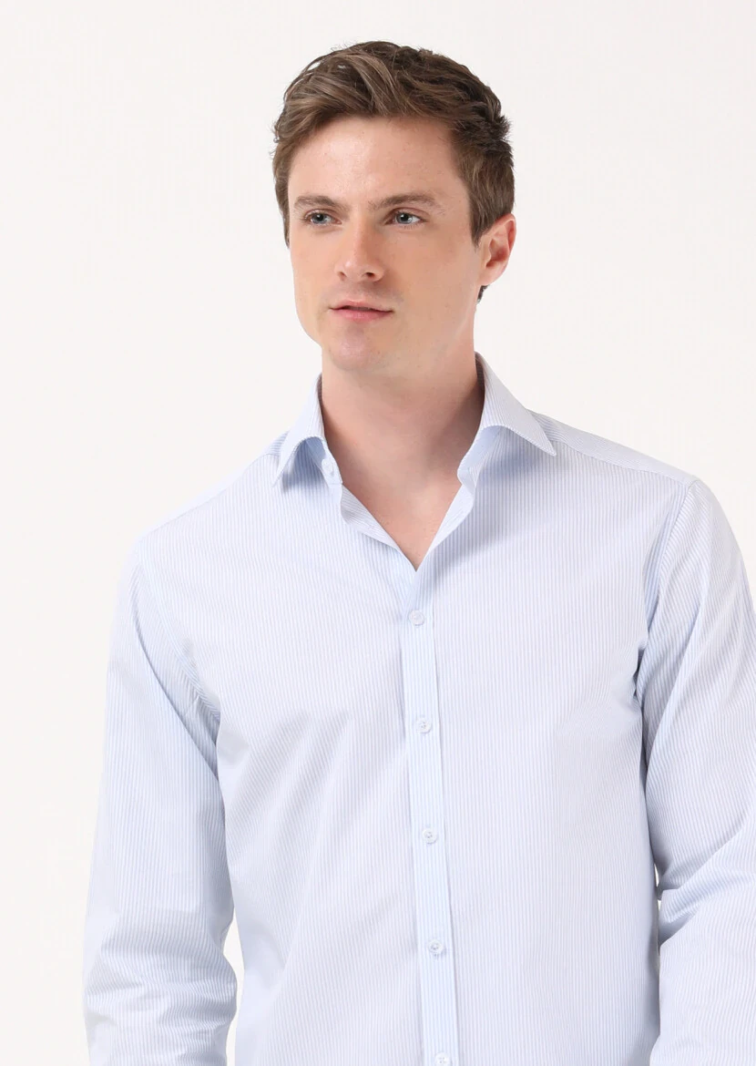 Mavi Çizgili Regular Fit Dokuma Klasik %100 Pamuk Gömlek - 1