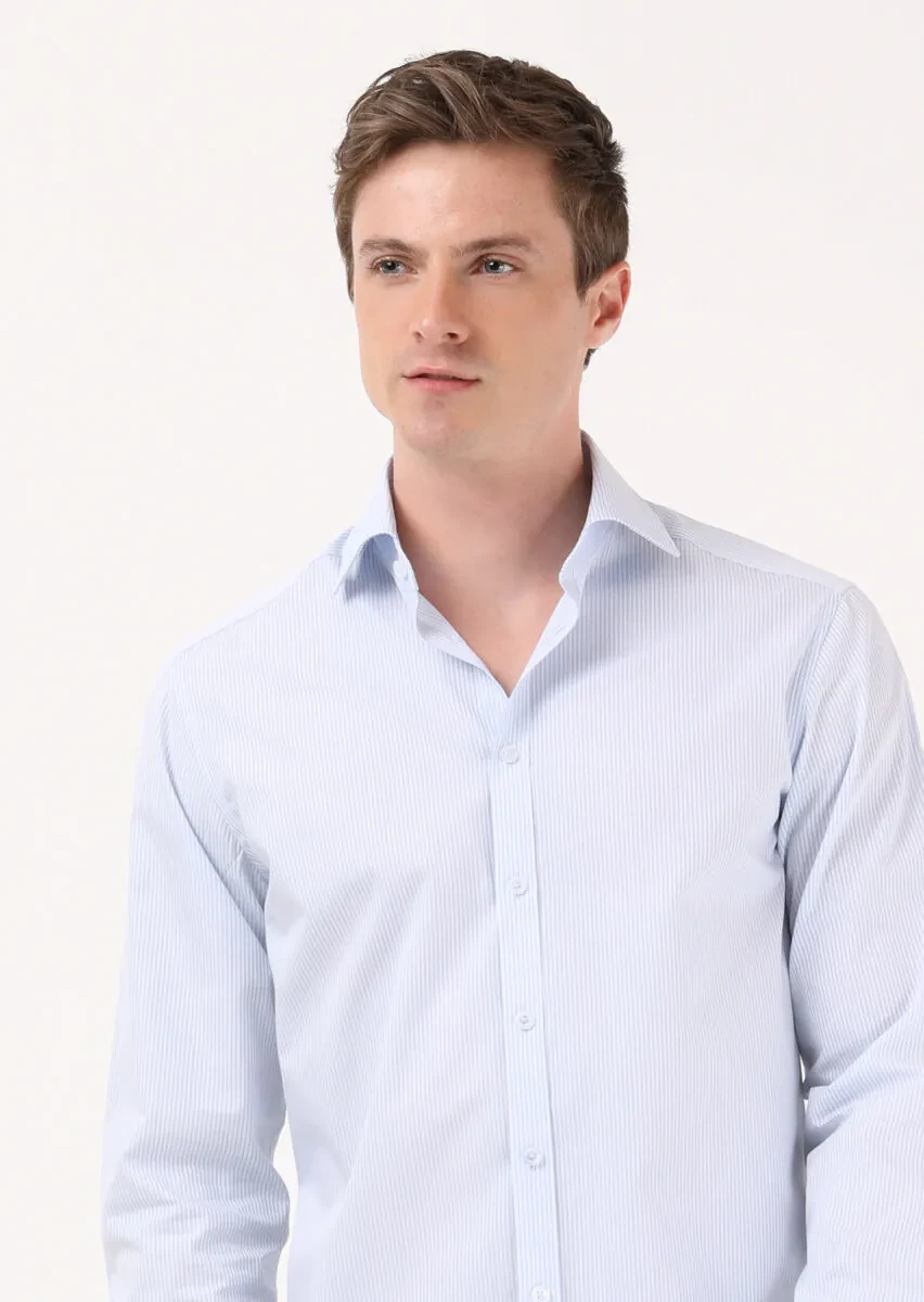 Mavi Çizgili Regular Fit Dokuma Klasik %100 Pamuk Gömlek - 1