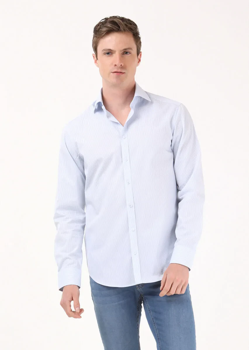 Mavi Çizgili Regular Fit Dokuma Klasik %100 Pamuk Gömlek - 2