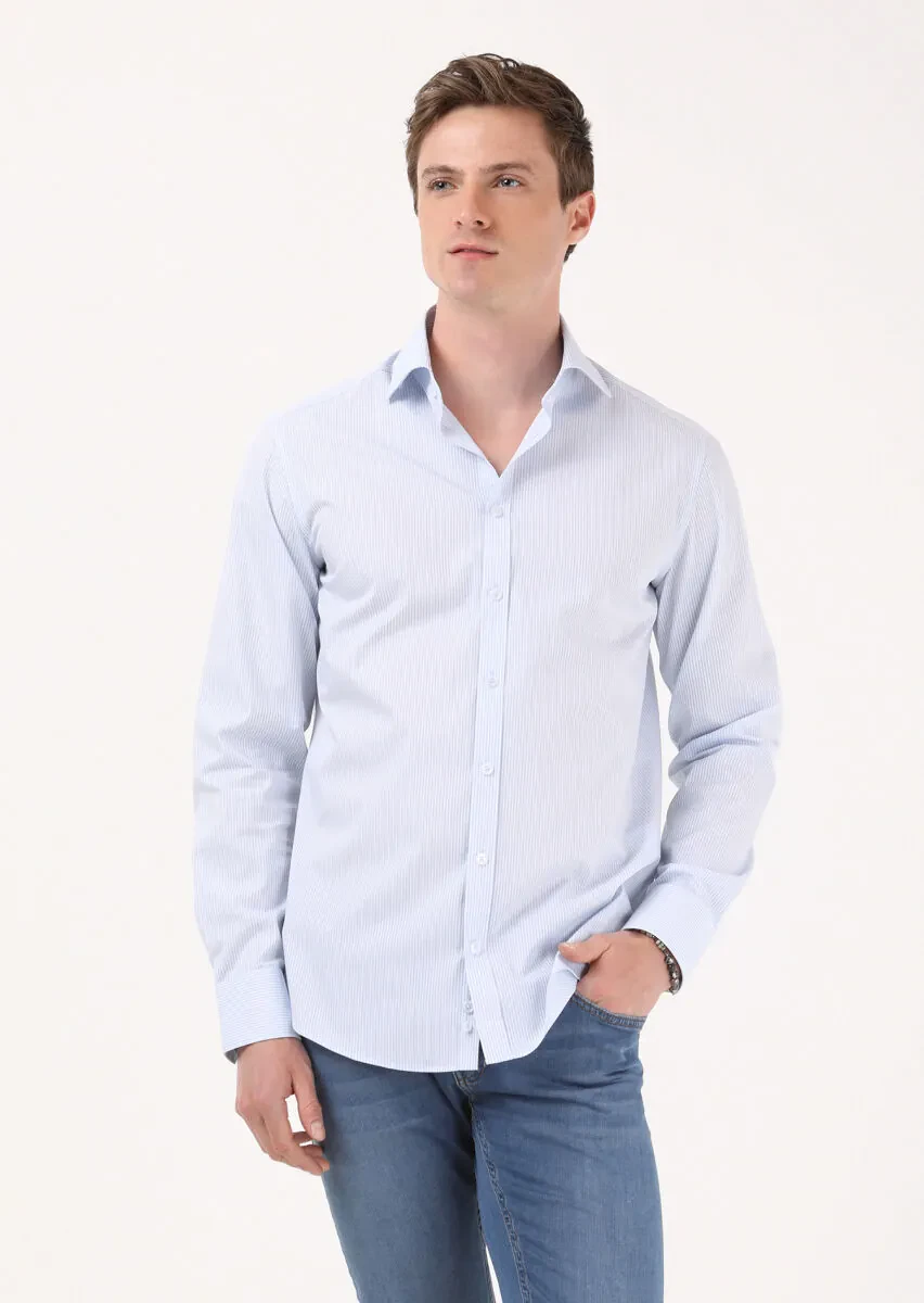 Mavi Çizgili Regular Fit Dokuma Klasik %100 Pamuk Gömlek - 3