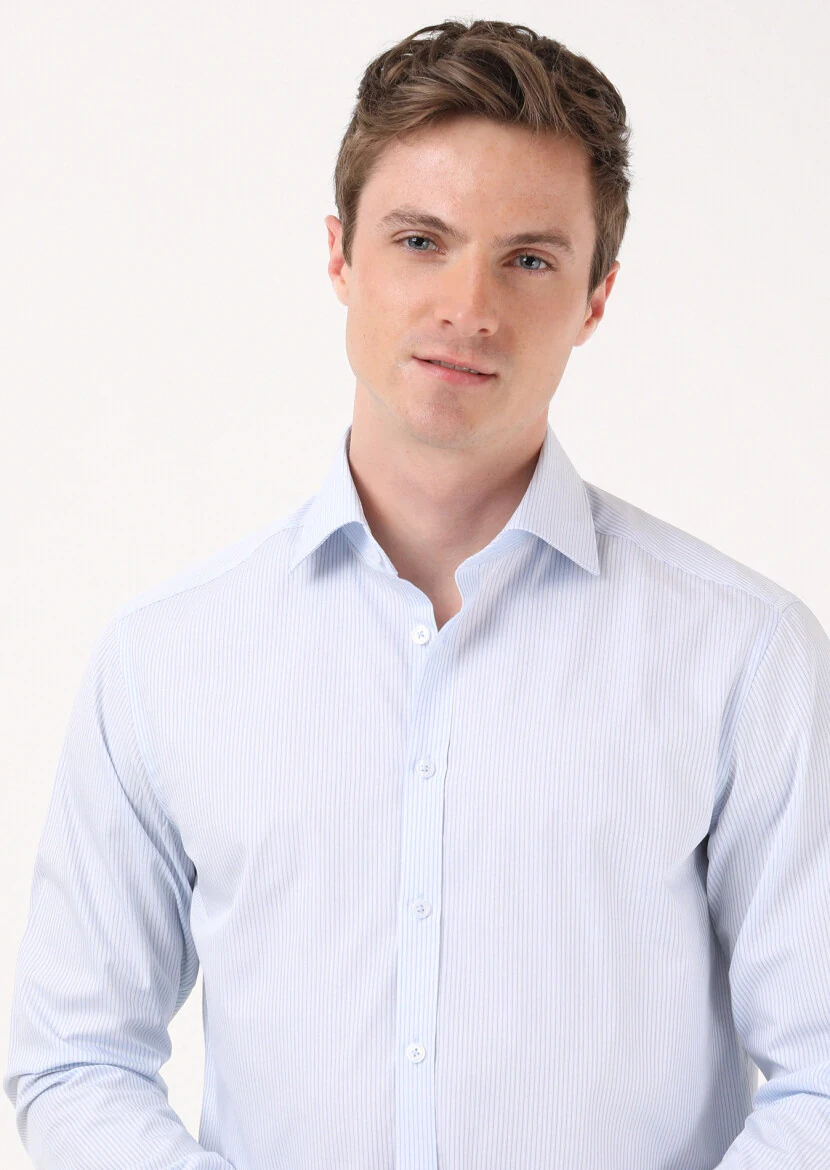 Mavi Çizgili Regular Fit Dokuma Klasik %100 Pamuk Gömlek - 4