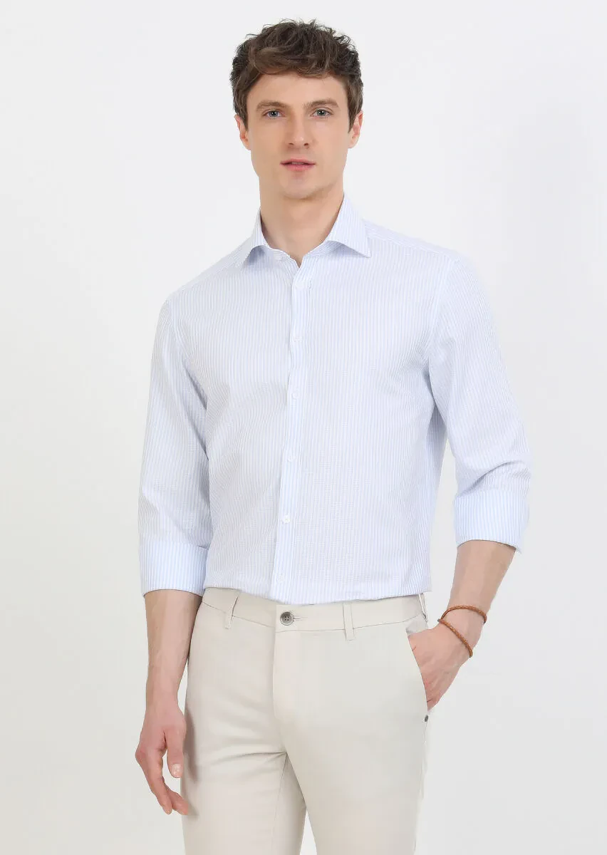 Mavi Çizgili Regular Fit Dokuma Klasik %100 Pamuk Gömlek - 4