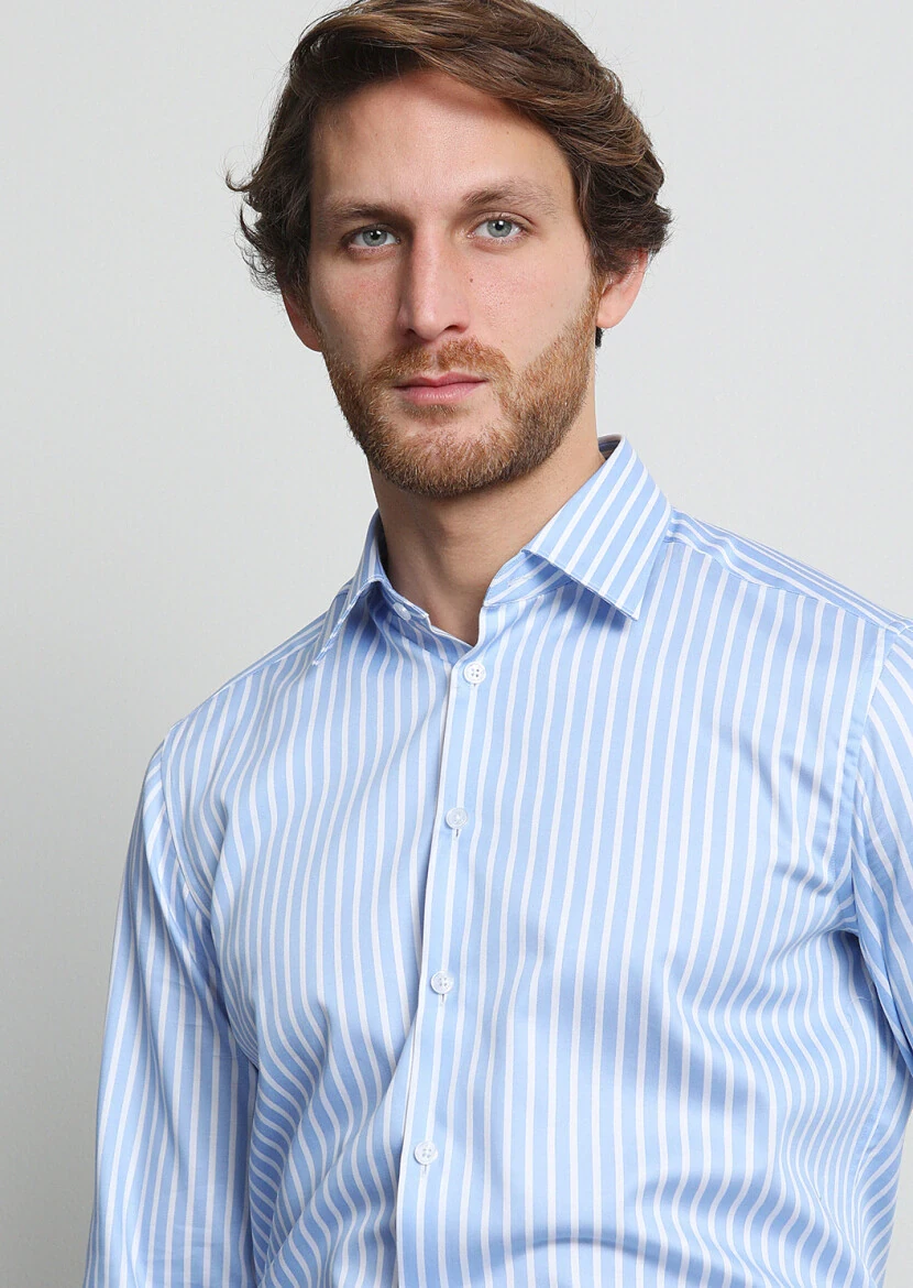 Mavi Çizgili Regular Fit Dokuma Klasik %100 Pamuk Gömlek - 3