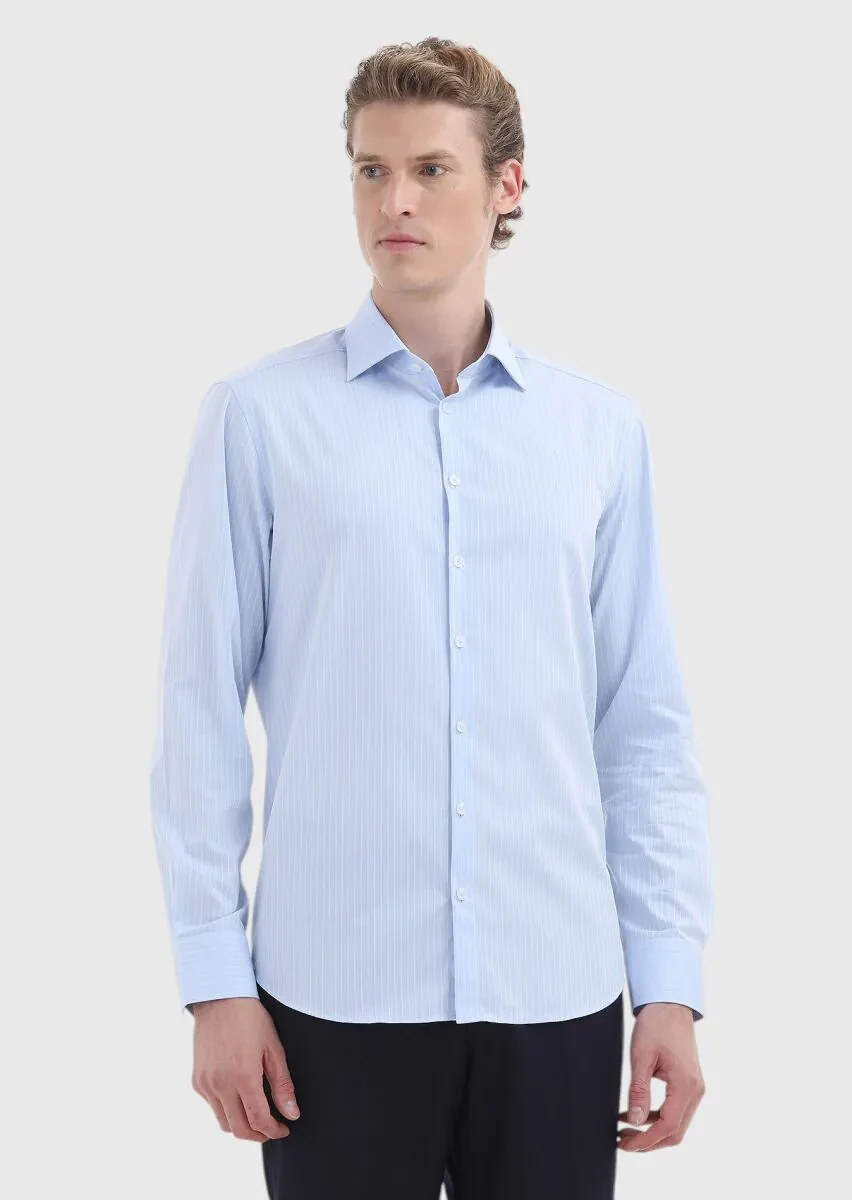 Mavi Çizgili Regular Fit Dokuma Klasik %100 Pamuk Gömlek - 2
