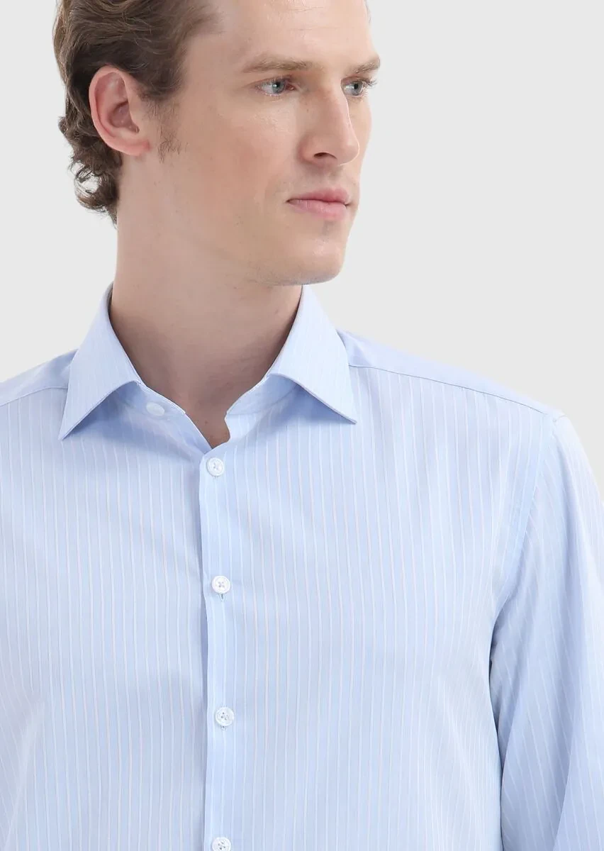 Mavi Çizgili Regular Fit Dokuma Klasik %100 Pamuk Gömlek - 4