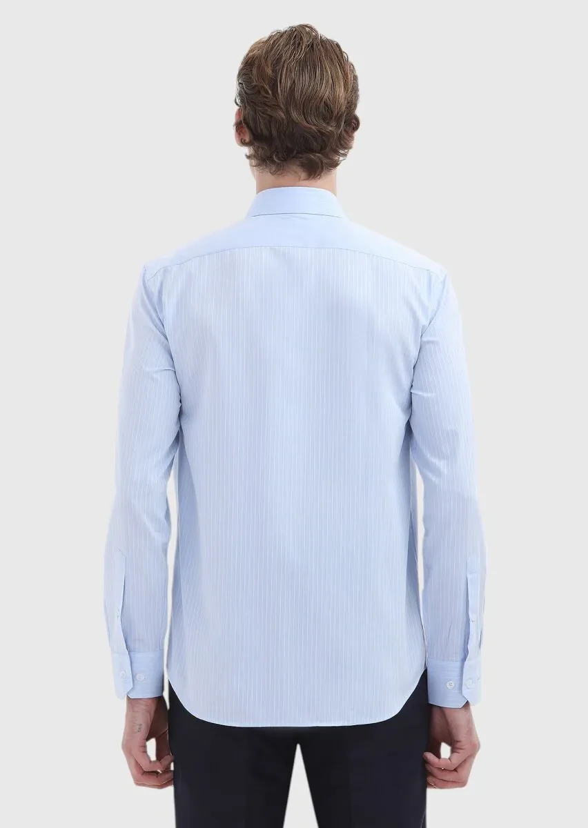 Mavi Çizgili Regular Fit Dokuma Klasik %100 Pamuk Gömlek - 5