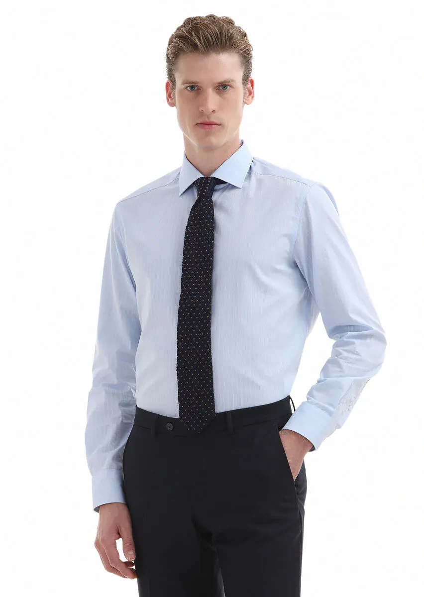 Mavi Çizgili Regular Fit Dokuma Klasik %100 Pamuk Gömlek - 2