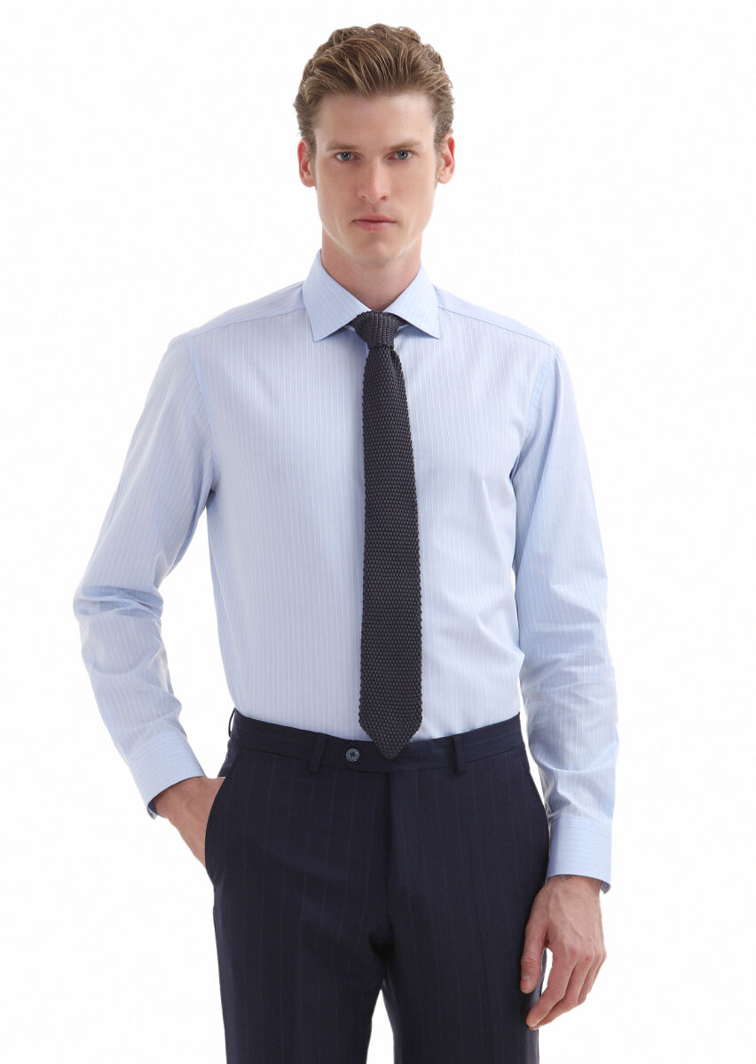 Mavi Çizgili Regular Fit Dokuma Klasik %100 Pamuk Gömlek - 2