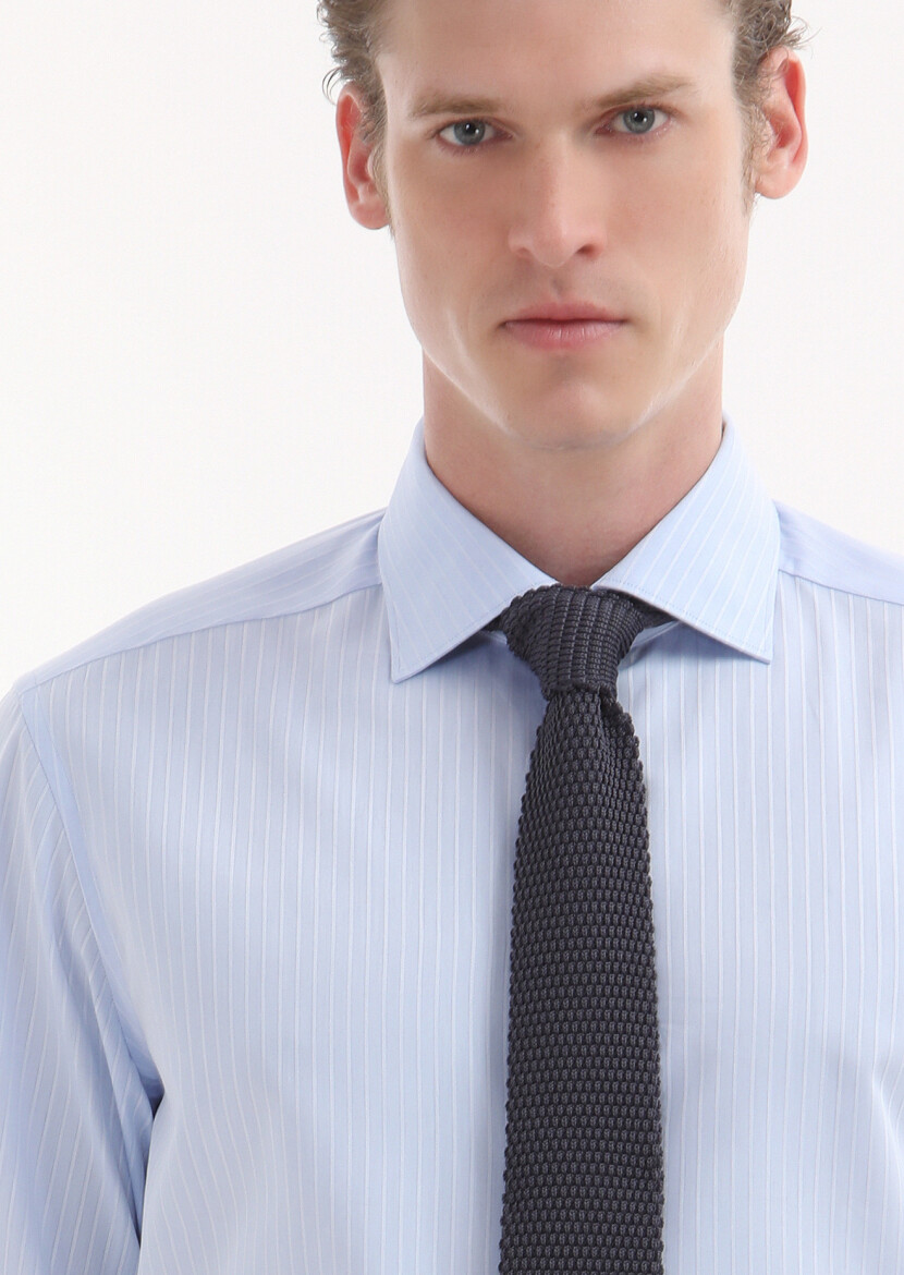 Mavi Çizgili Regular Fit Dokuma Klasik %100 Pamuk Gömlek - 3