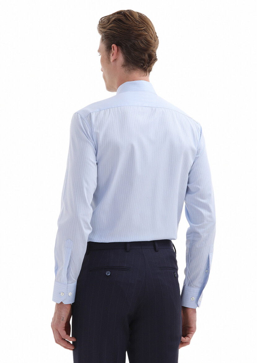 Mavi Çizgili Regular Fit Dokuma Klasik %100 Pamuk Gömlek - 4