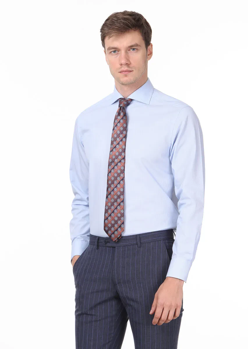 Mavi Çizgili Regular Fit Dokuma Klasik Pamuk Karışımlı Gömlek - 1