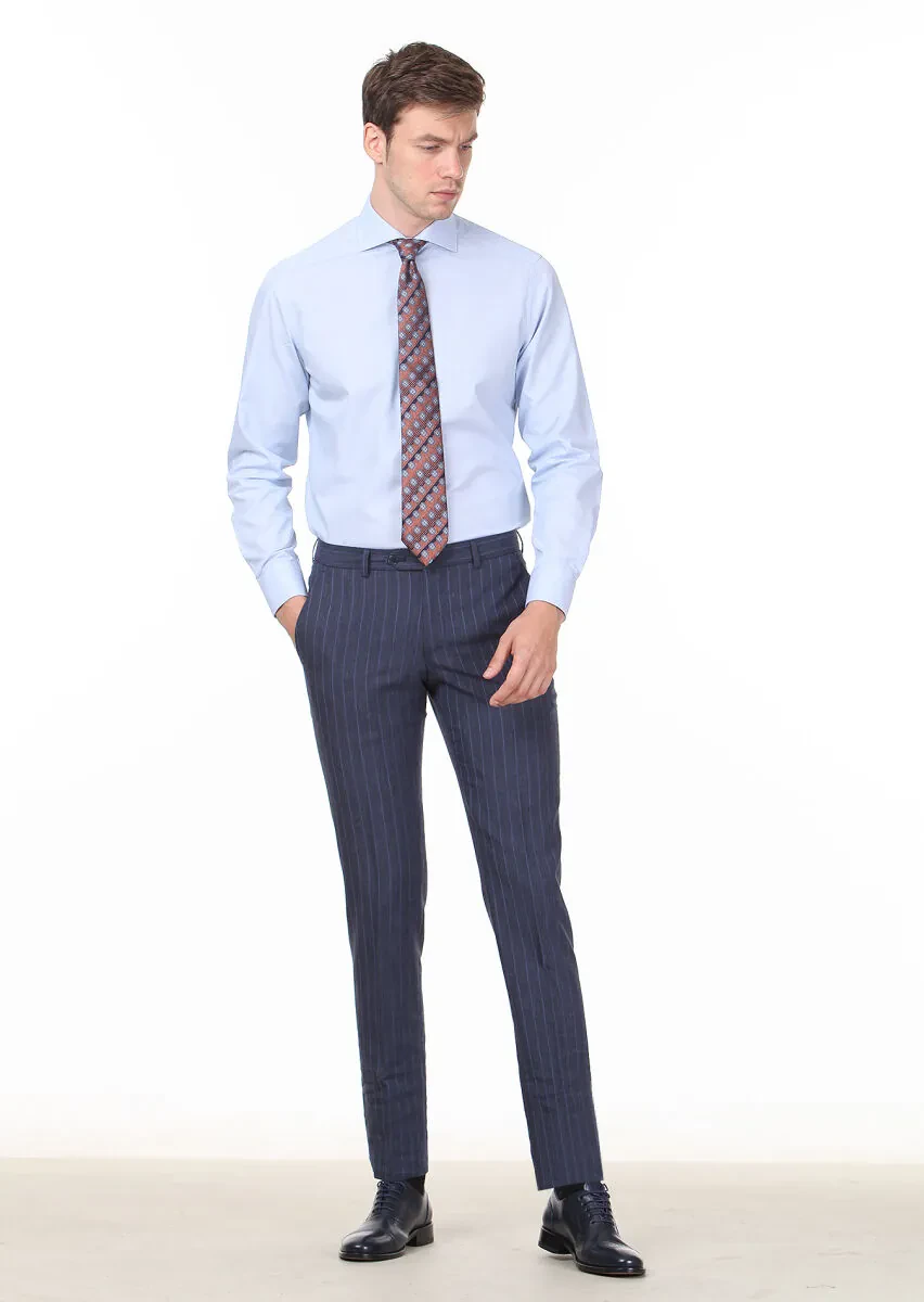 Mavi Çizgili Regular Fit Dokuma Klasik Pamuk Karışımlı Gömlek - 3