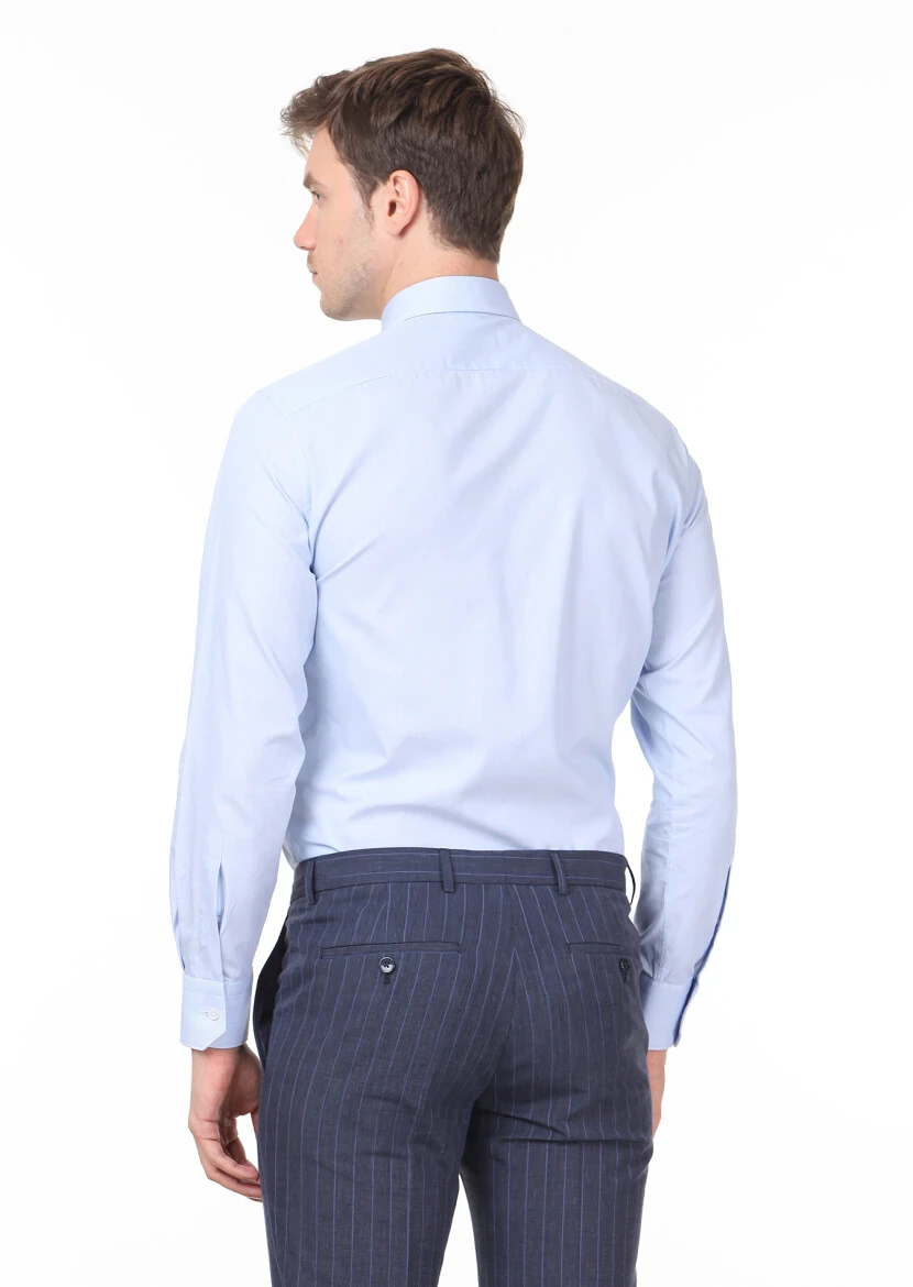 Mavi Çizgili Regular Fit Dokuma Klasik Pamuk Karışımlı Gömlek - 4