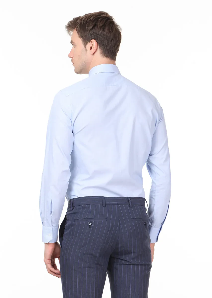 Mavi Çizgili Regular Fit Dokuma Klasik Pamuk Karışımlı Gömlek - 4
