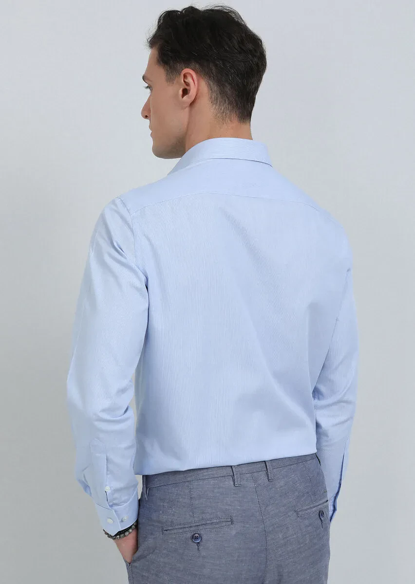 Mavi Çizgili Regular Fit Dokuma Klasik Pamuk Karışımlı Gömlek - 5