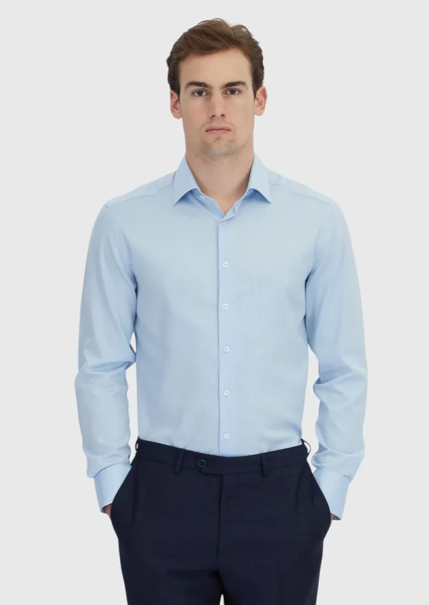 Mavi Çizgili Regular Fit Dokuma Klasik Pamuk Karışımlı Gömlek - 1