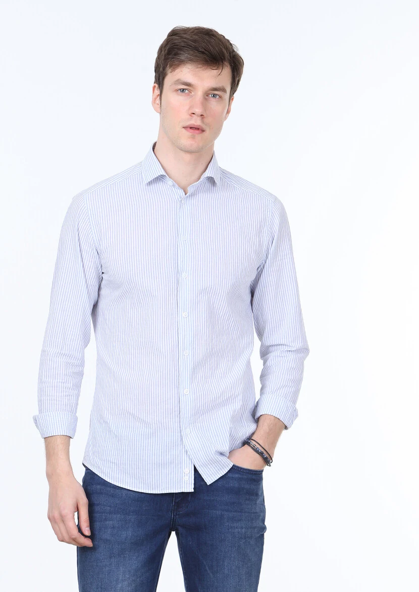 Mavi Çizgili Slim Fit Dokuma Casual Pamuk Karışımlı Gömlek - 1