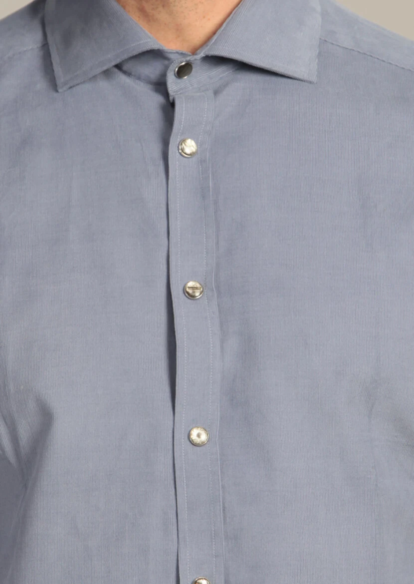 Mavi Çizgili Slim Fit Dokuma Kadife Casual Pamuk Karışımlı Gömlek - 4