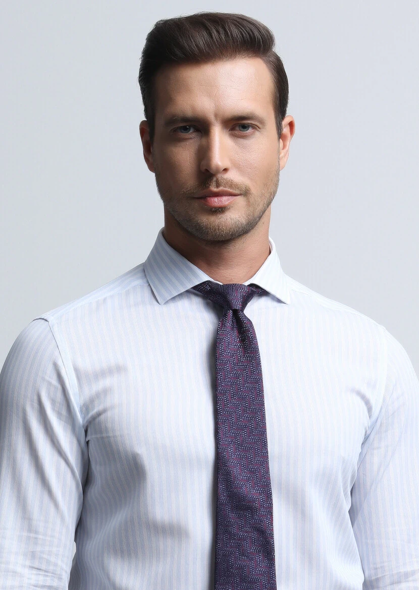 Mavi Çizgili Slim Fit Dokuma Klasik %100 Pamuk Gömlek - 1