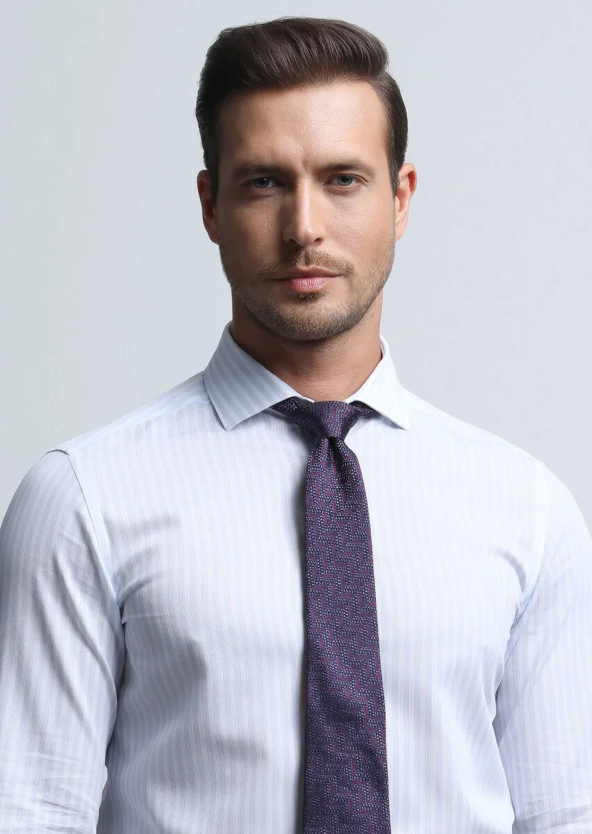 Mavi Çizgili Slim Fit Dokuma Klasik %100 Pamuk Gömlek - 1