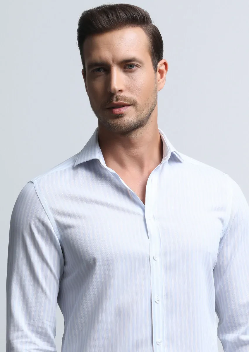 Mavi Çizgili Slim Fit Dokuma Klasik %100 Pamuk Gömlek - 2